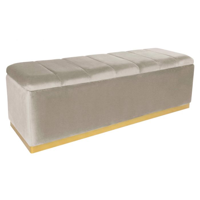 Banquette Coffre Alexandrie Velours Taupe Pied Or