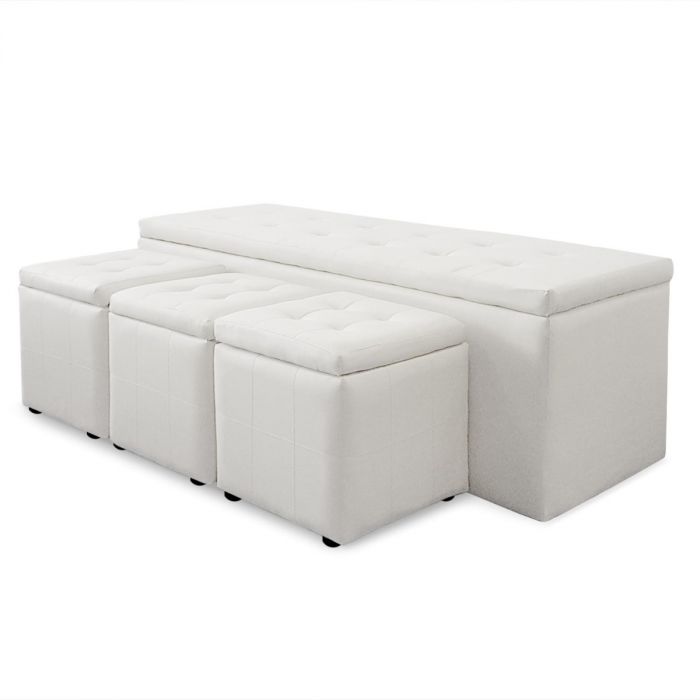 Banquette Coffre Panky Xl Et Ses 3 Poufs Blancs Assortis